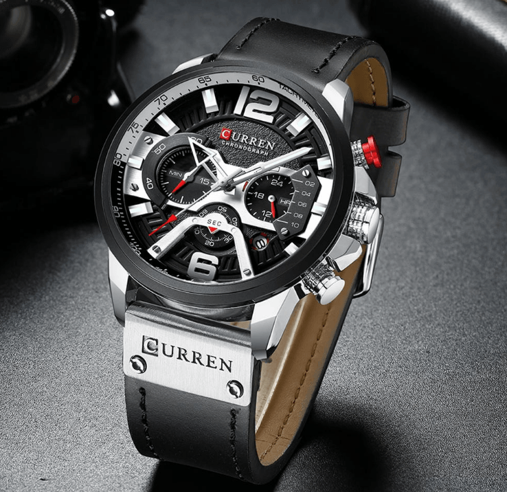 Men's Waterproof Sports Chronograph Watch with Leather Strap