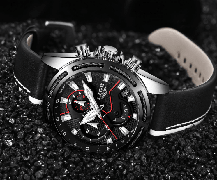 Men's Waterproof Sports Chronograph Watch with Leather Strap