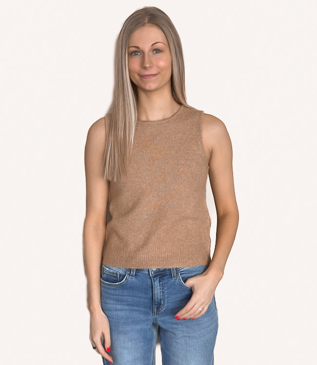 A minimalist women's brushed knit tank top in a warm toast beige color with a crew neckline.