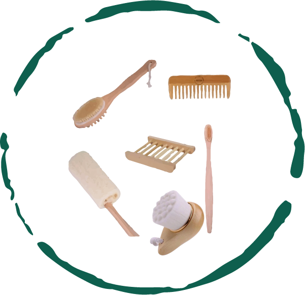 Zero-waste bamboo bath accessories set featuring a long-handled natural boar bristle back brush