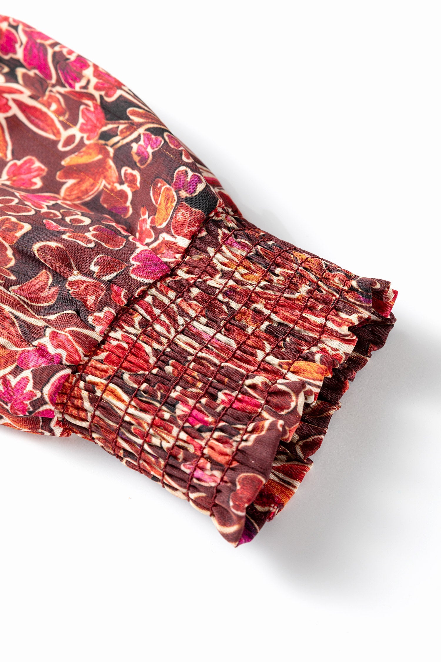 112 Red Floral Chiffon Long Sleeve Mini Dress - Shirred High Neck