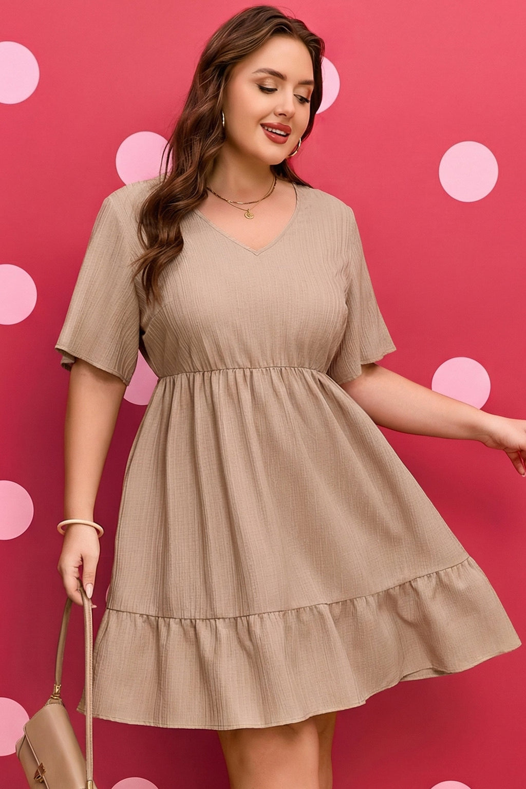 Textured Ruffle V-Neck Mini Dress in Taupe & Khaki