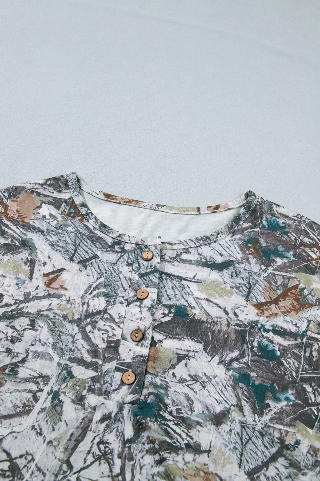 Woodland Camo Henley Tunic T-Shirt, Relaxed Fit Short Sleeve Top