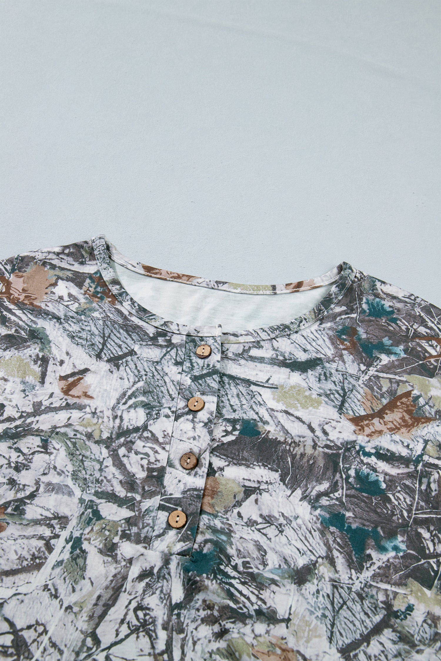 Woodland Camo Henley Tunic T-Shirt, Relaxed Fit Short Sleeve Top