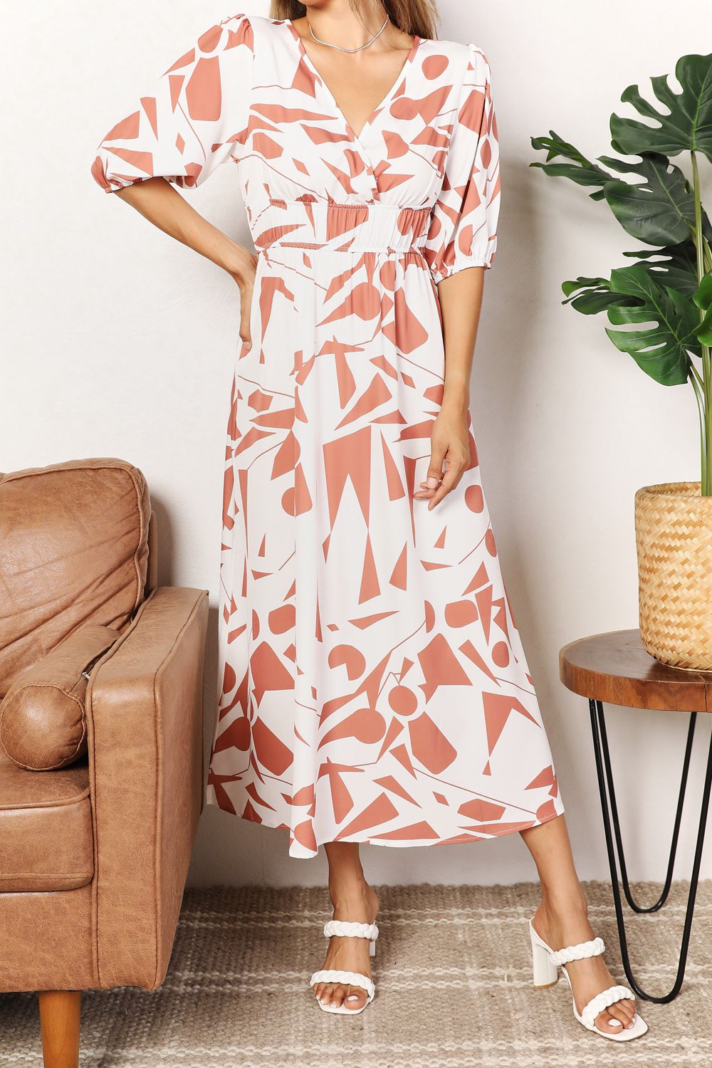 Printed Surplice Balloon Sleeve Midi Dress