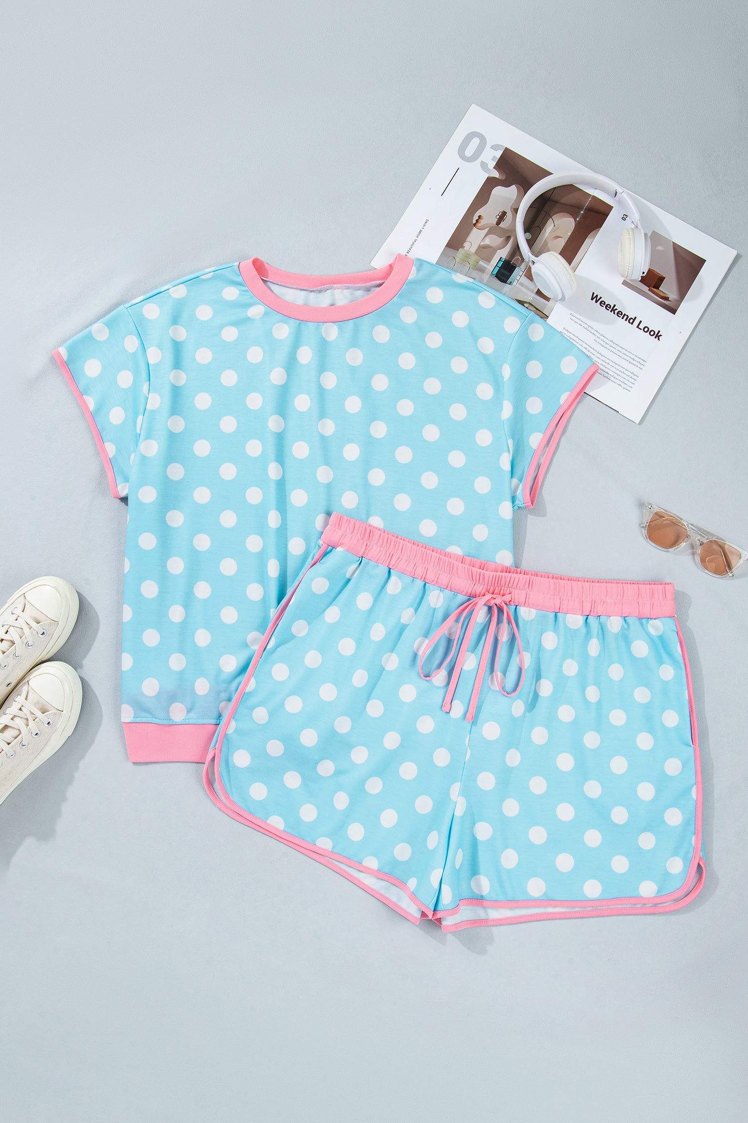Polka Dot Short Sleeve Lounge Set with Pink Trim in Light Blue
