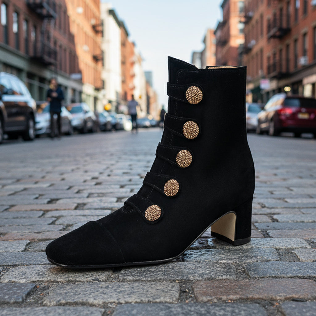 Women's Retro Brown Suede Button Detail Chunky Heel Ankle Boots - Image 6