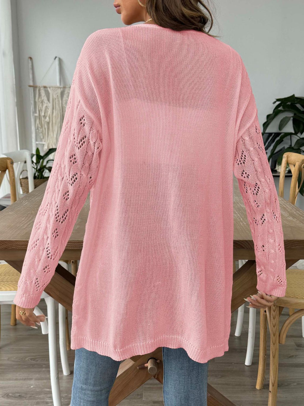 White Openwork Open Front Long Sleeve Cardigan Lightweight Knit - Image 8