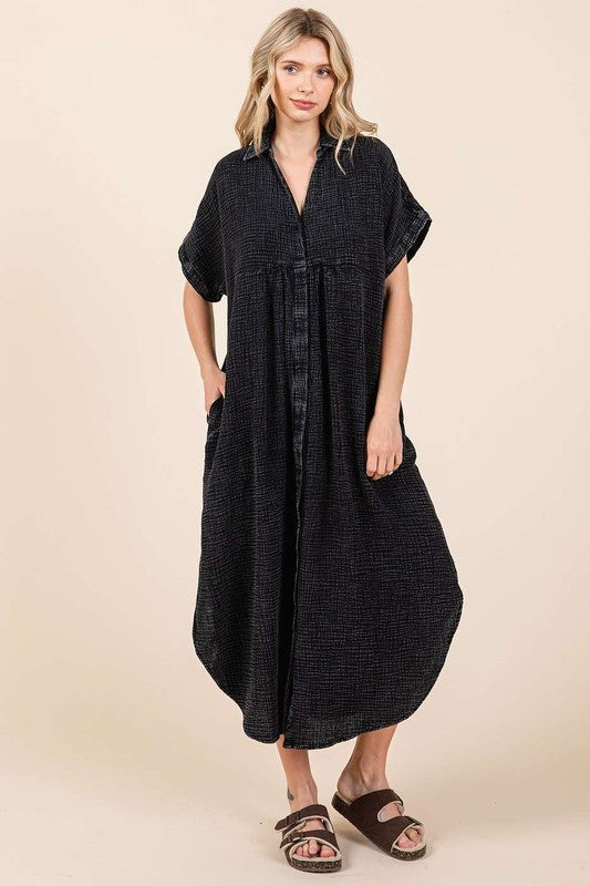 Mineral wash V-neck midi shirt dress in charcoal-grey