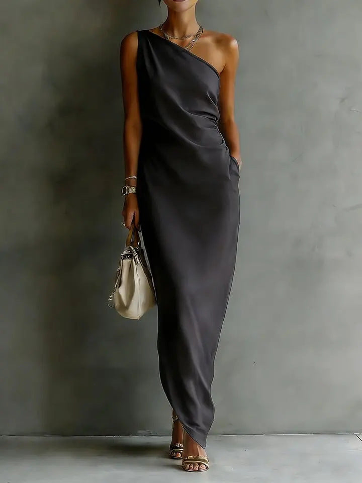 Women's Satin One-Shoulder Maxi Dress Slim Fit Evening Gown - Image 3