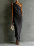 Women's Satin One-Shoulder Maxi Dress Slim Fit Evening Gown - Image 3