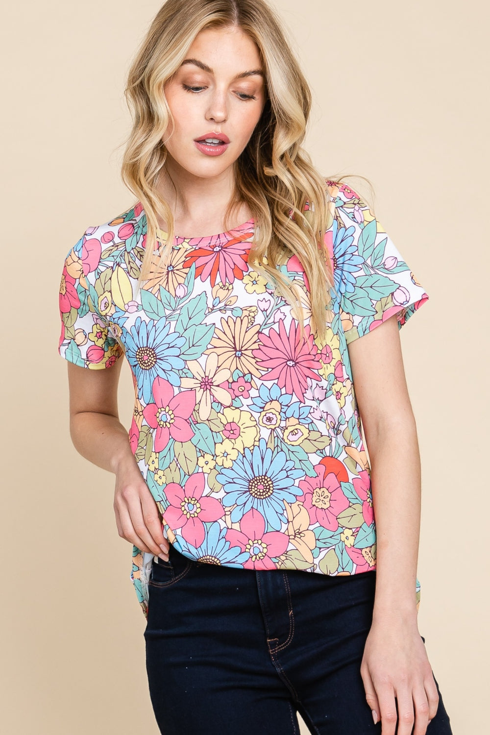 Women's Multi-Color Floral Print Casual Short Sleeve T-Shirt