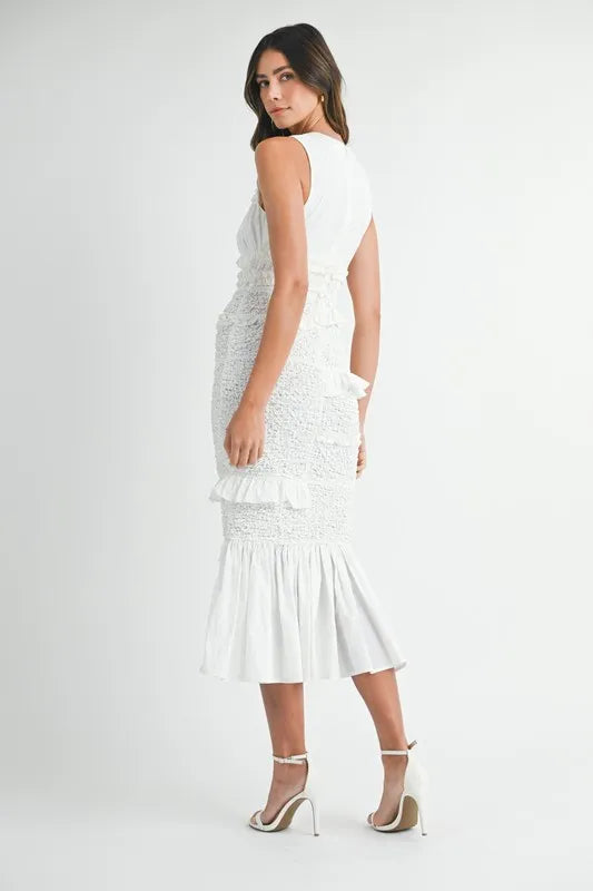 White Ruffled Popcorn Smocked Mermaid Midi Dress