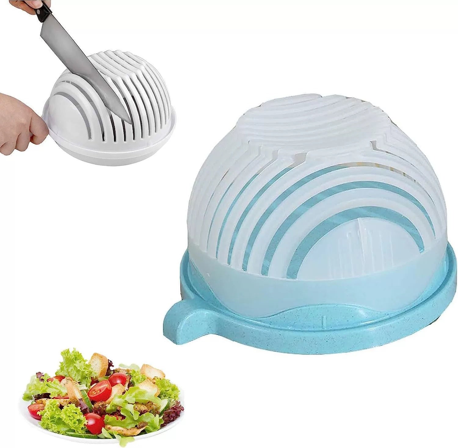Modern Salad Cutter Bowl - 20cm Functional Kitchen Tool, Green/White