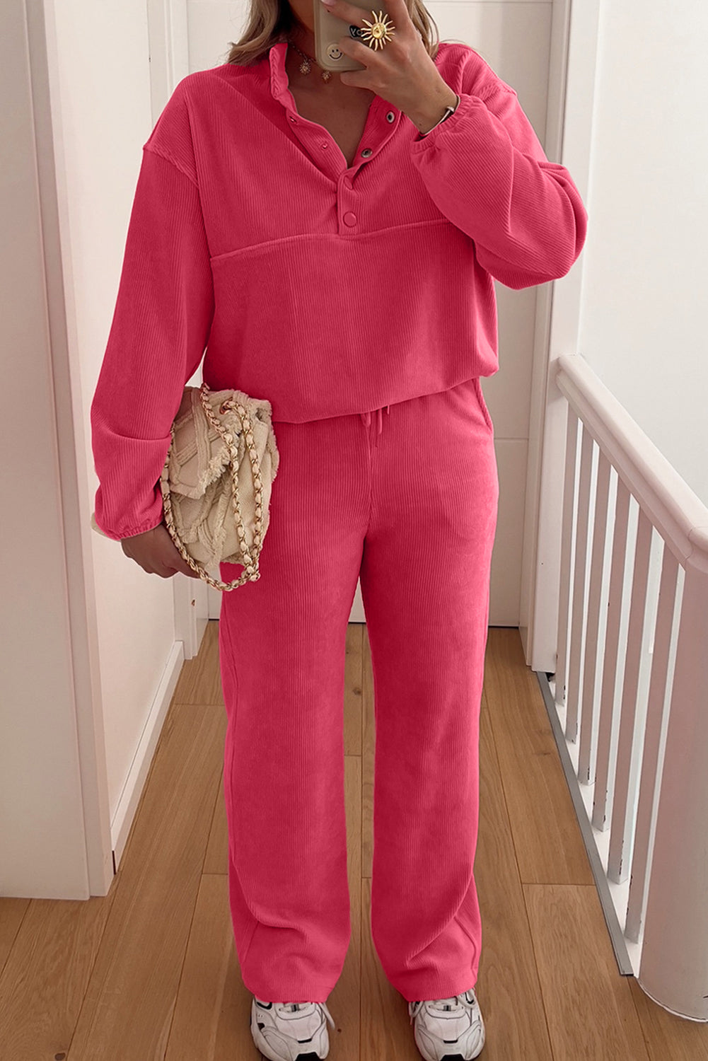 Peach Blossom Corduroy Set: Half Button Pullover & Drawstring Pants