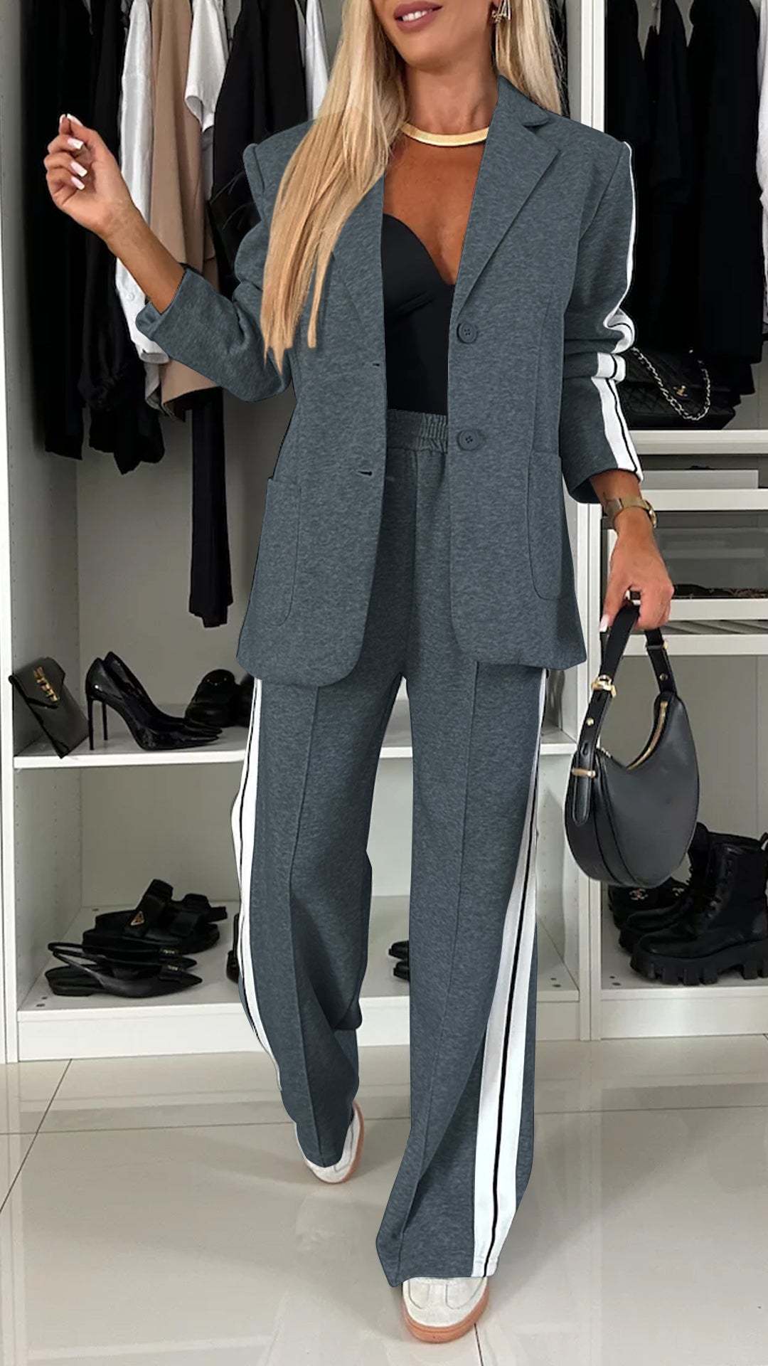 Women's Elegant Gray Flannel Suit Set with Athletic Stripe Trim