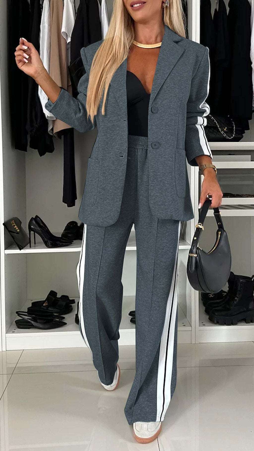 Women's Elegant Gray Flannel Suit Set with Athletic Stripe Trim