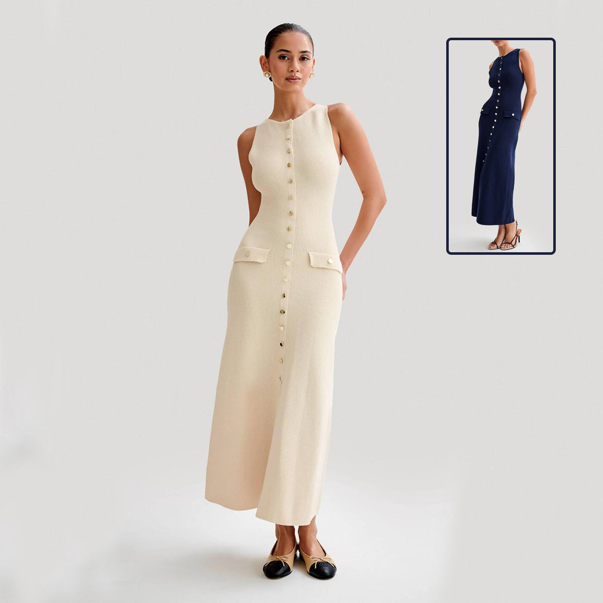 Minimalist Sleeveless Knitted Slim Fit Round Neck Midi Dress