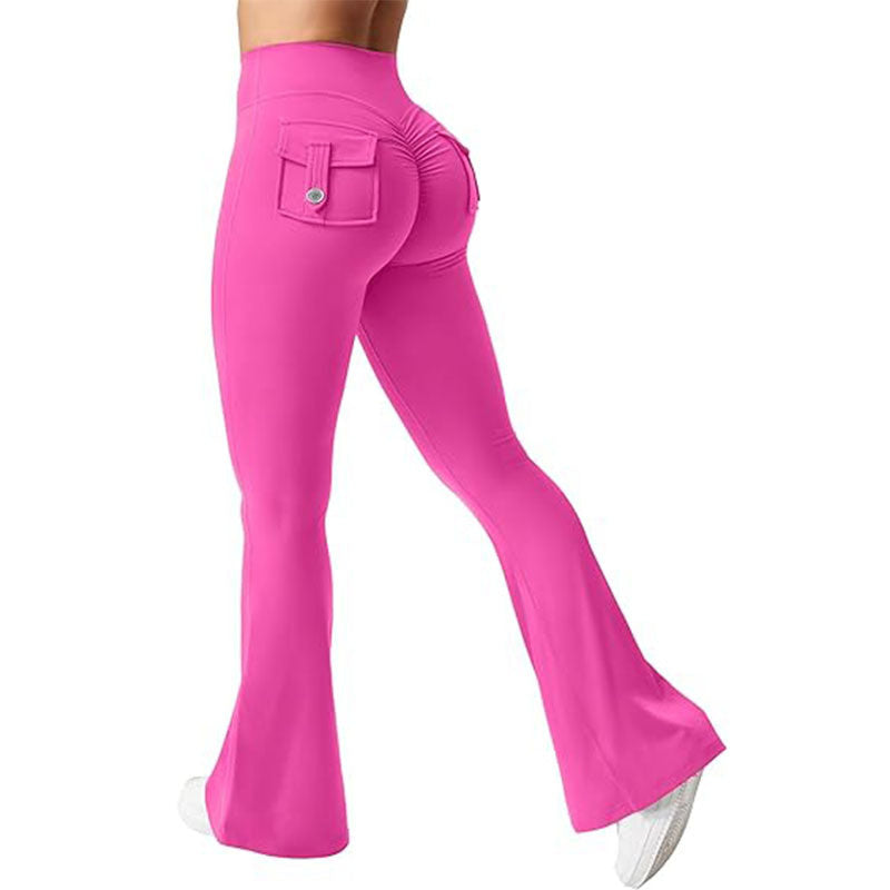 A woman wearing high-waisted, flare-leg cargo workout leggings in pink and blue, featuring side pockets and a scrunched back detail.