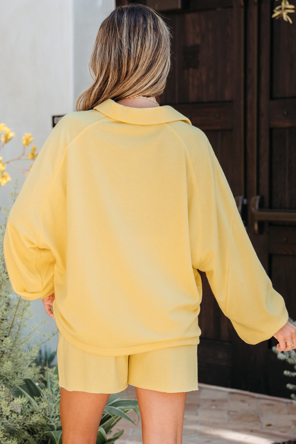 Yellow Cotton Blend Oversized Pullover & Shorts Set