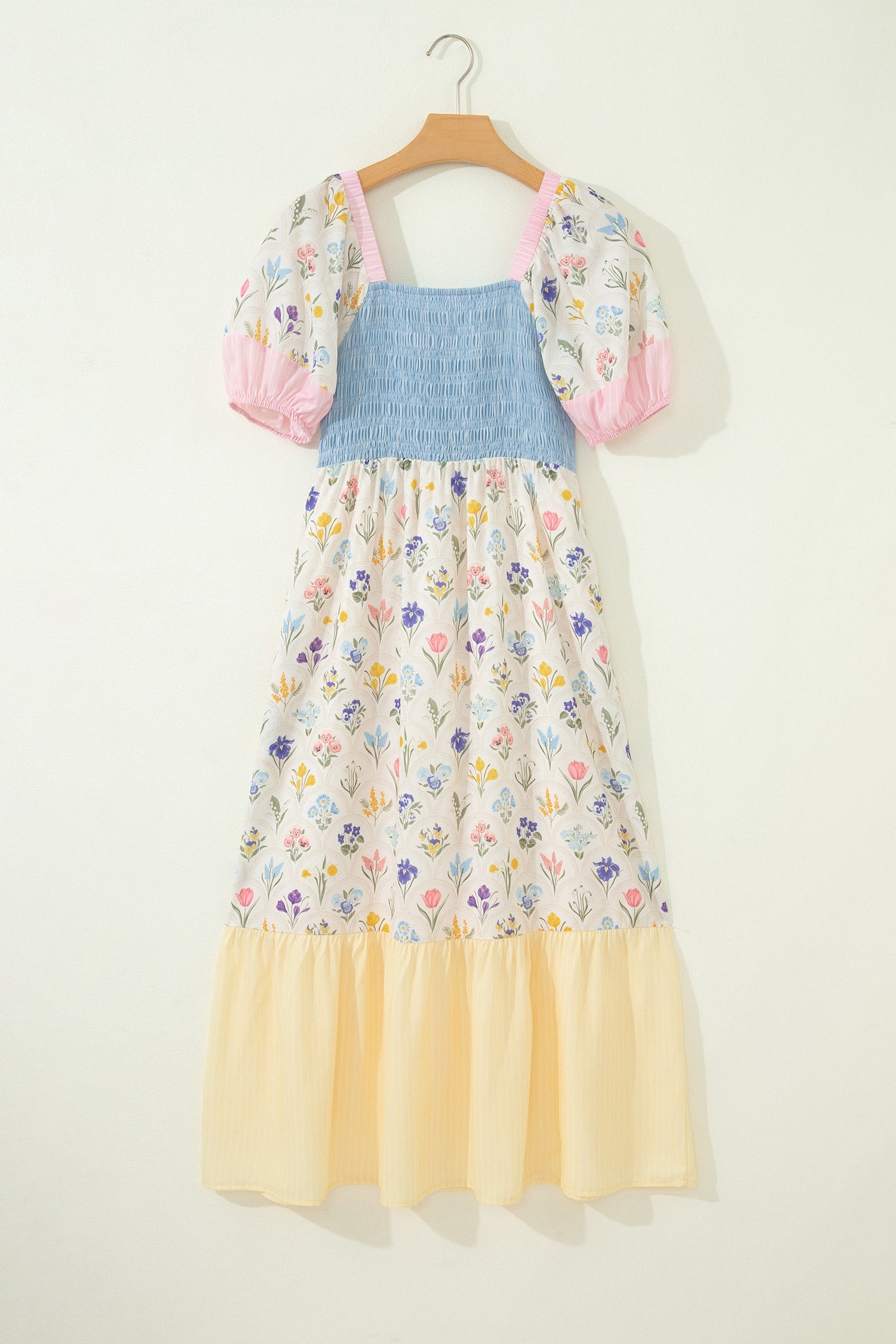 Floral Stripe Colorblock Square Neck Shirred Dress