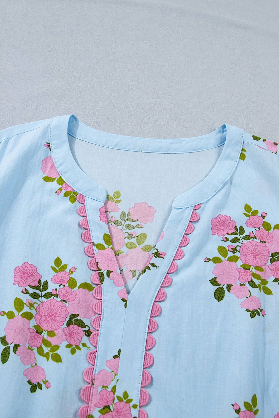 Floral Scalloped Trim V-Neck Maxi Dress in Light Blue and Pink