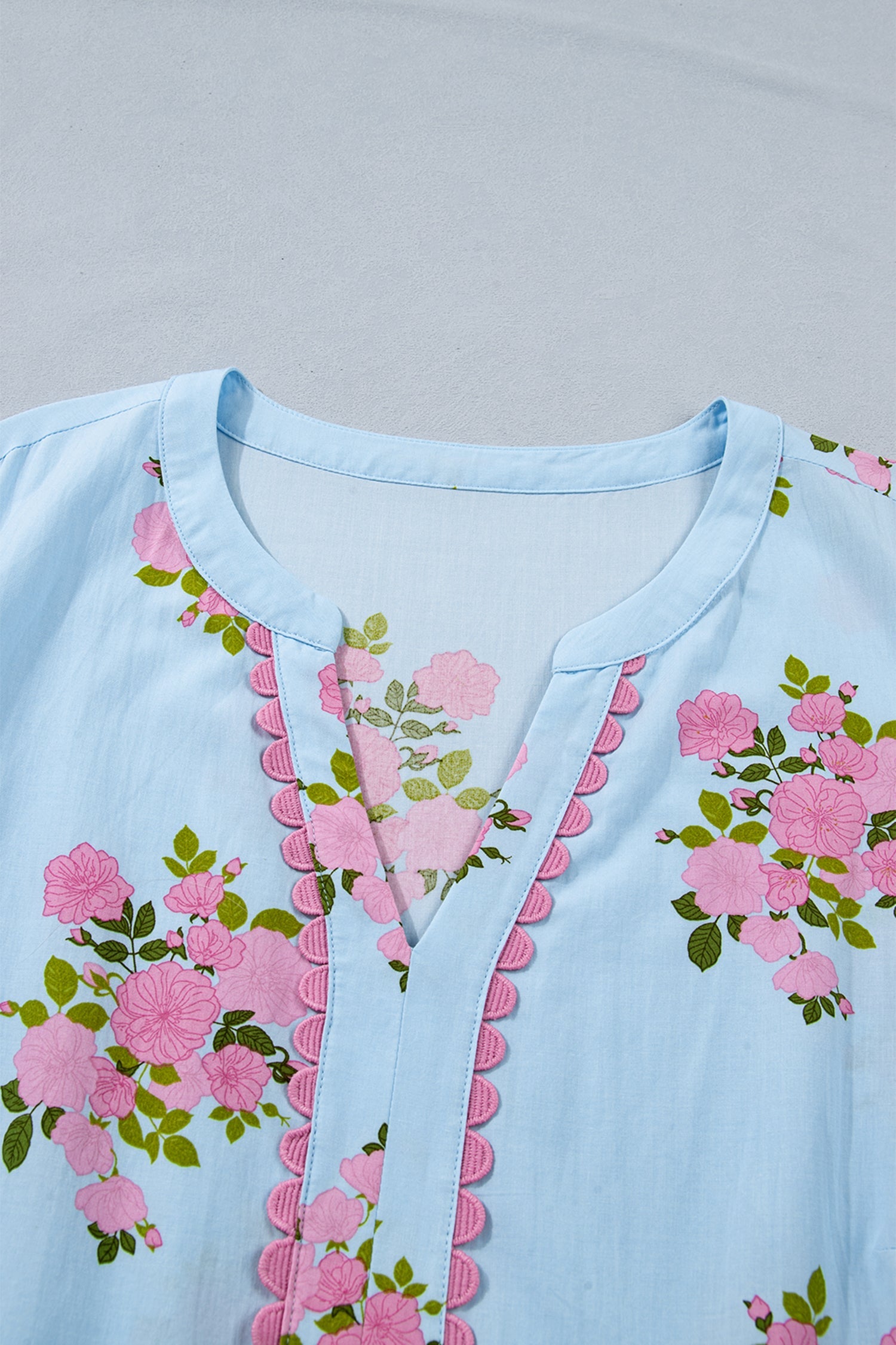 Floral Scalloped Trim V-Neck Maxi Dress in Light Blue and Pink