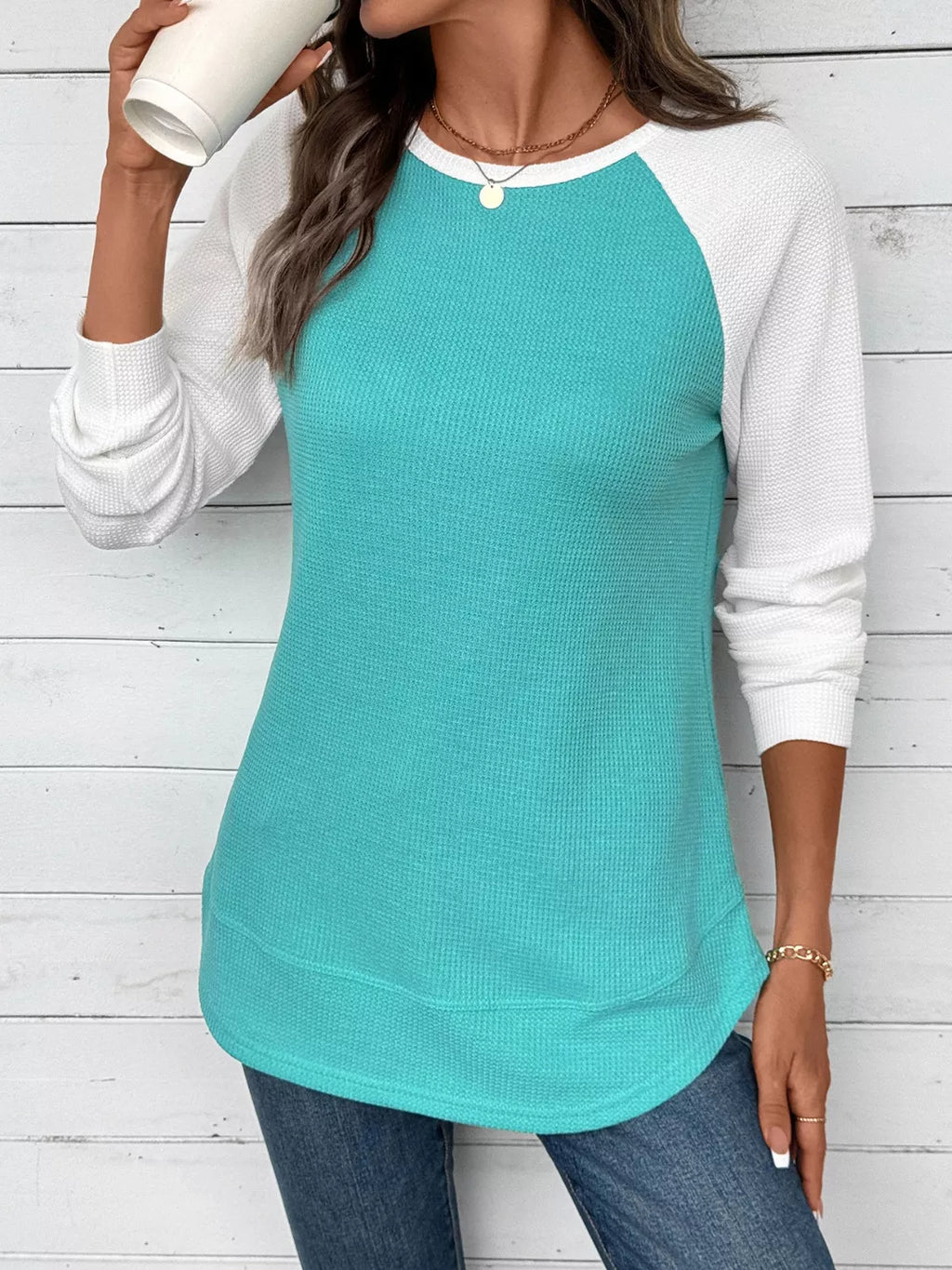 Waffle Knit Raglan Sleeve T-Shirt | Relaxed Fit Crew Neck