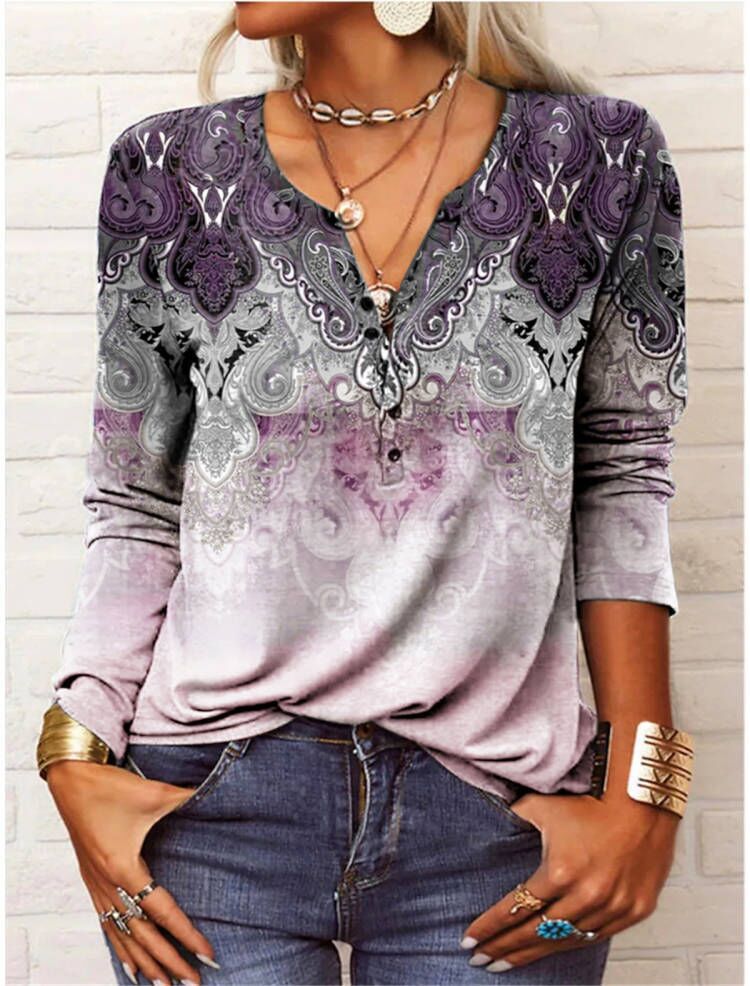 Women's Ethnic Print V-Neck Long Sleeve Henley T-Shirt - Image 11
