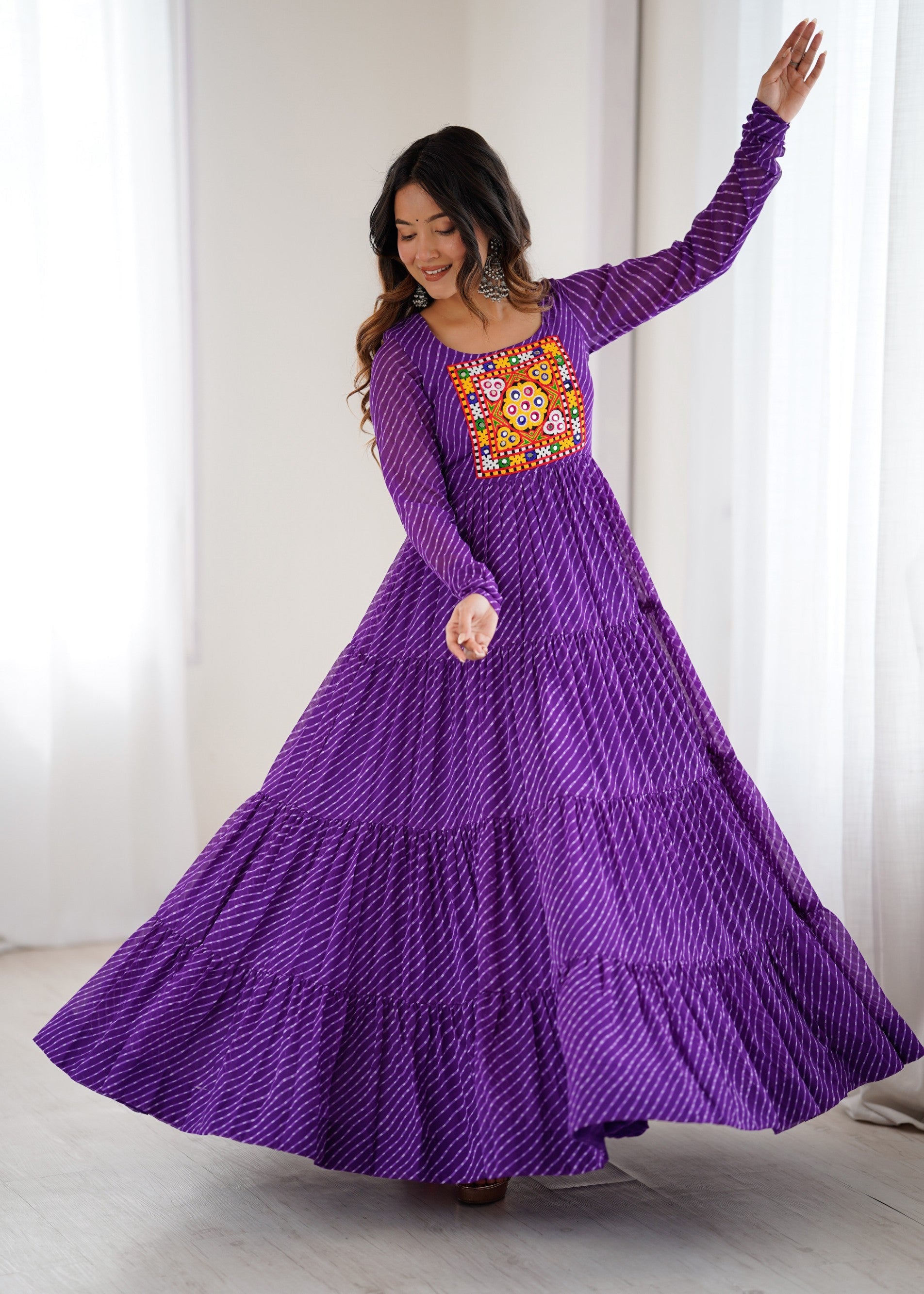 Purple Faux Georgette Leheriya Print Anarkali Gown