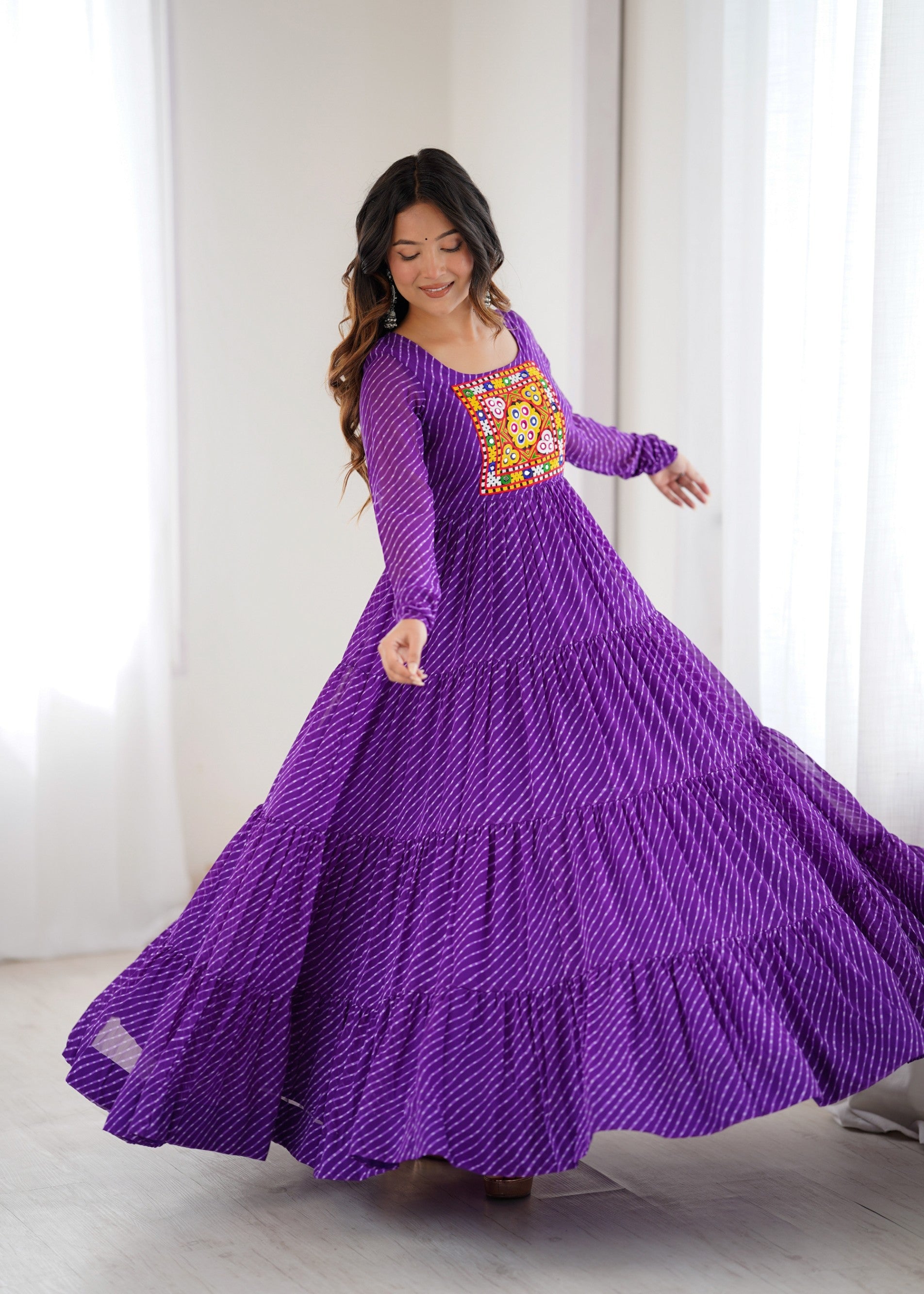 Purple Faux Georgette Leheriya Print Anarkali Gown