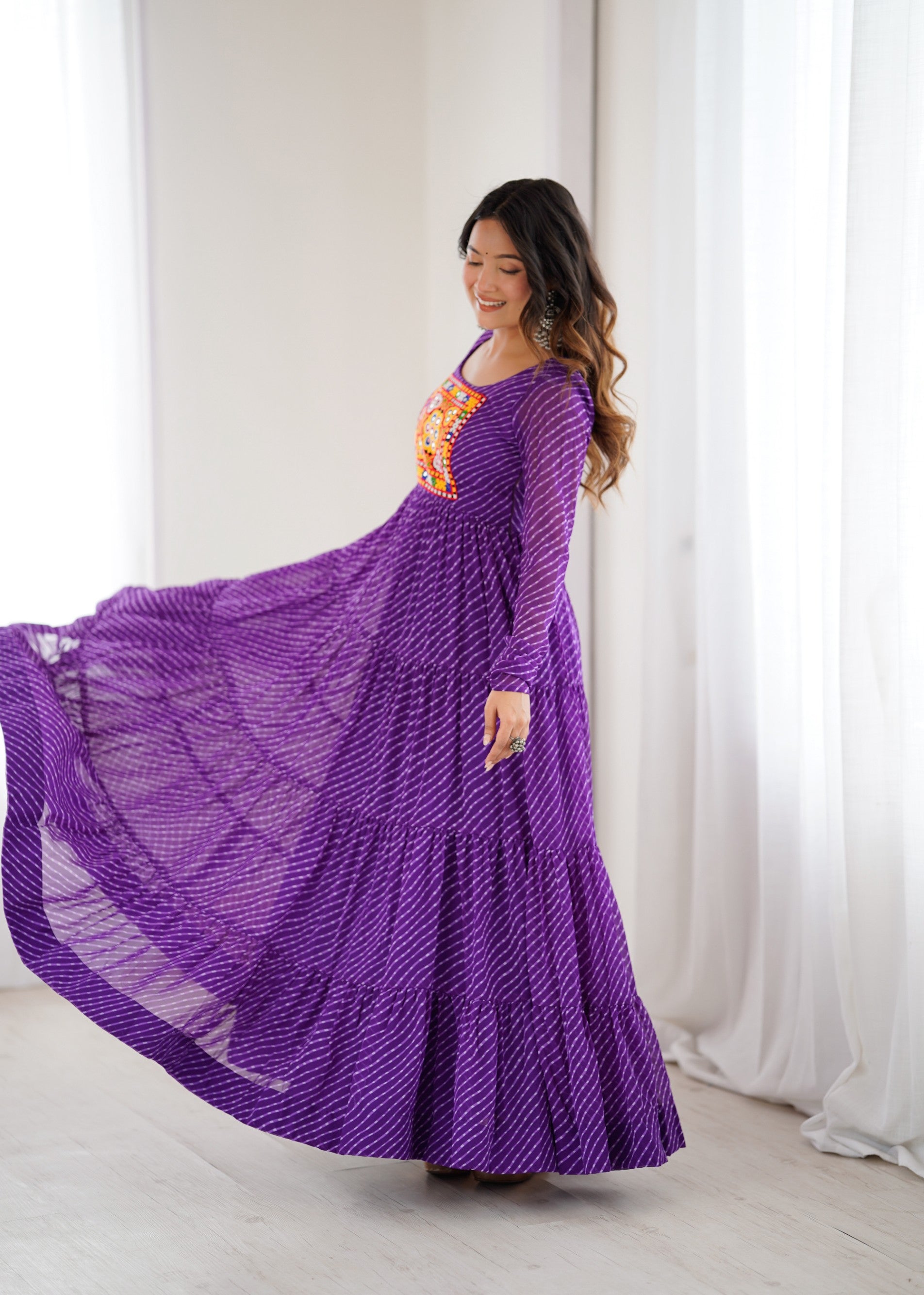 Purple Faux Georgette Leheriya Print Anarkali Gown