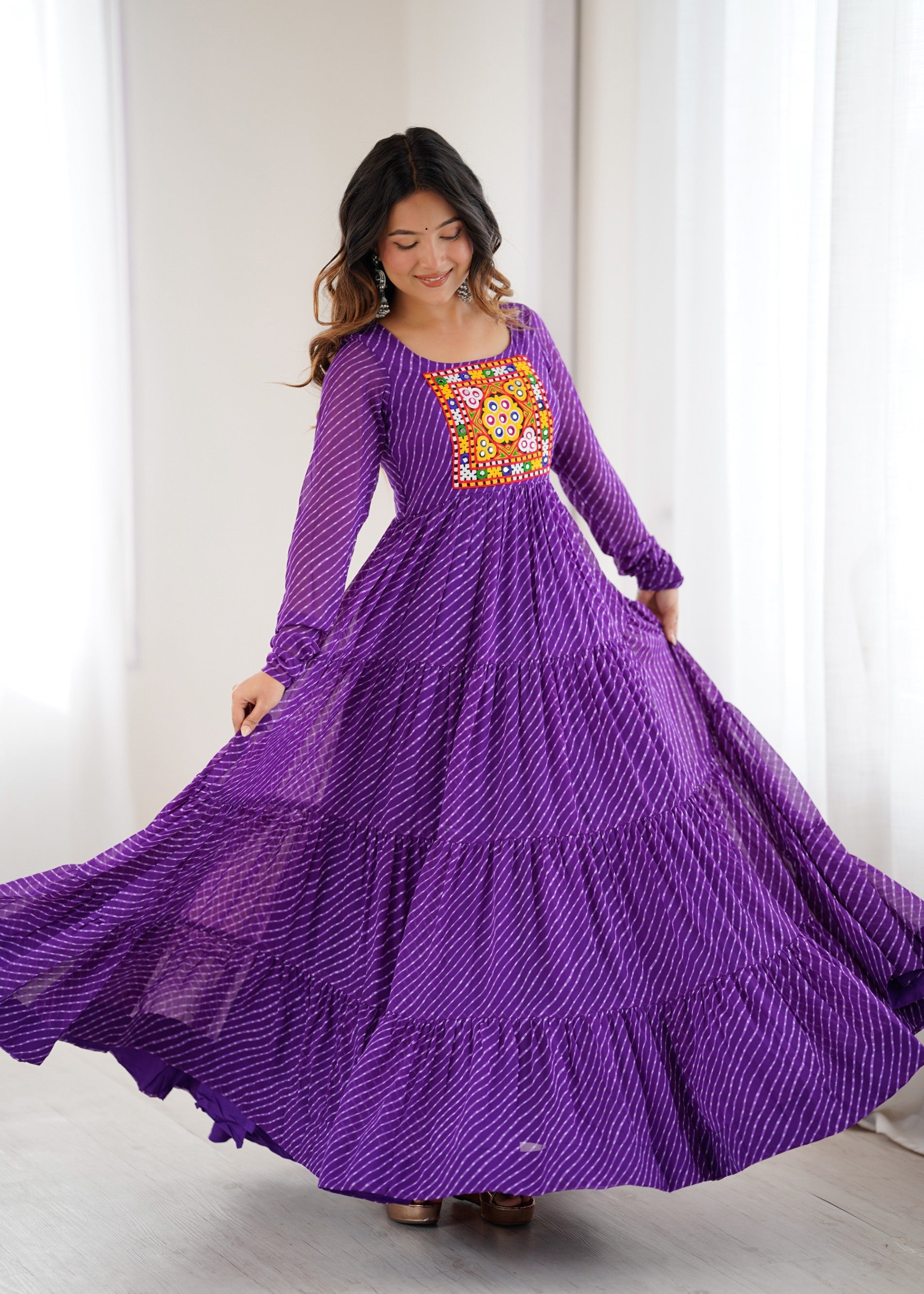 Purple Faux Georgette Leheriya Print Anarkali Gown