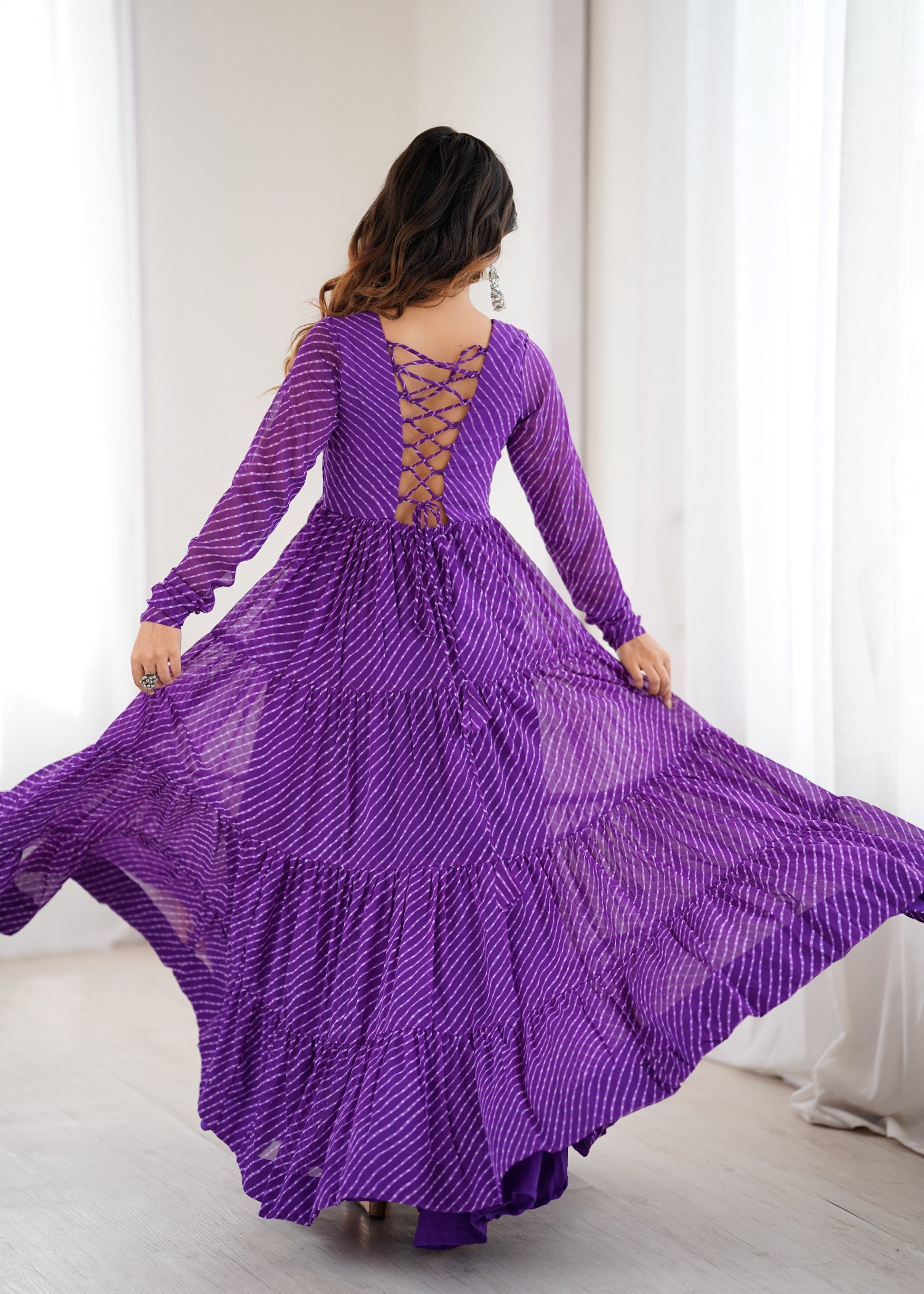 Purple Faux Georgette Leheriya Print Anarkali Gown