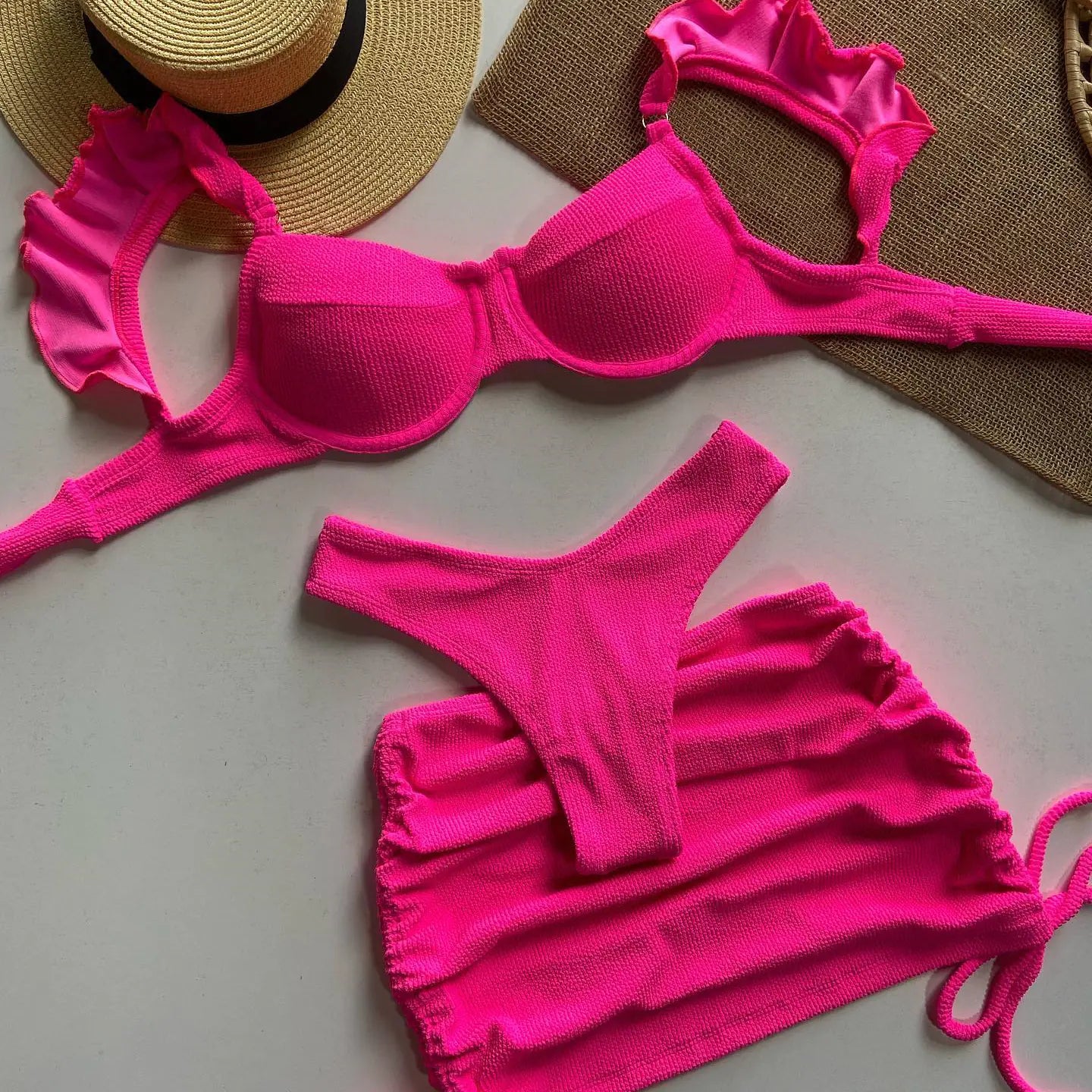 Women's Hot Pink Ribbed Three-Piece Bikini Set with Cover-Up