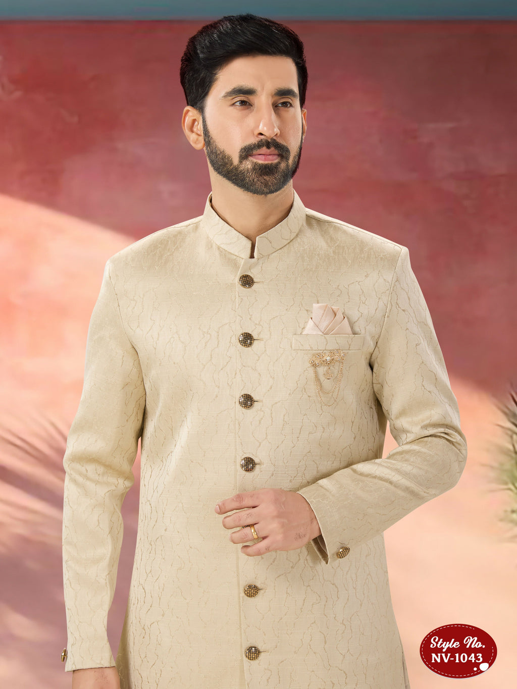 Men's Beige Swed Velvet Indo-Western Kurta Set with Self-Design