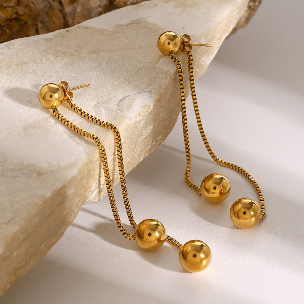 18K Gold Round Bead Tassel Drop Earrings, Lightweight Luxury