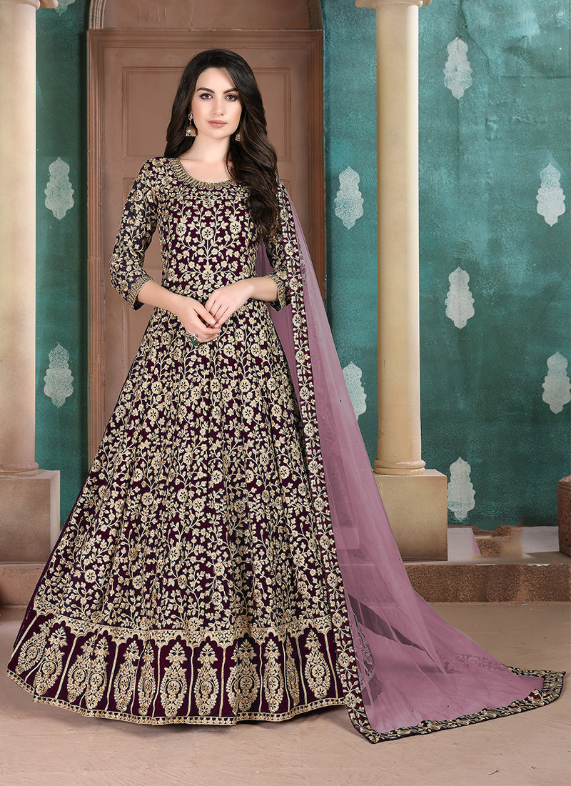 Dark purple georgette salwar kameez with intricate embroidery work
