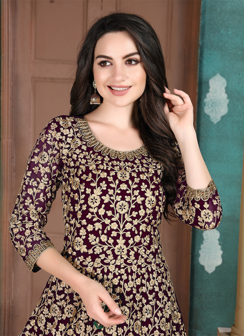 Dark Purple Georgette Embroidered Salwar Kameez for Reception
