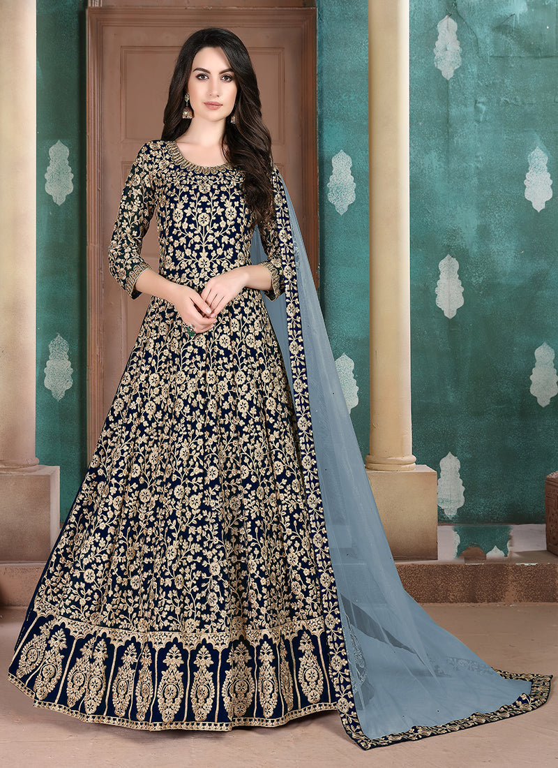 Dark blue georgette salwar kameez with chic embroidered details