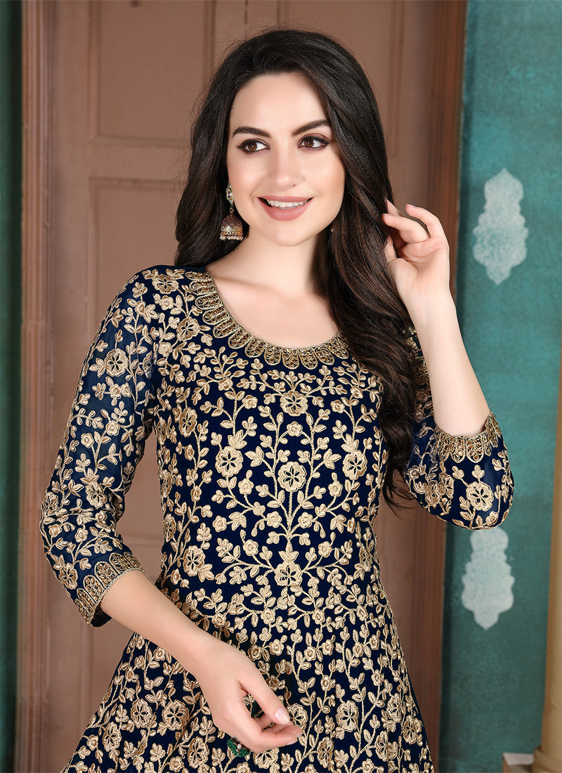 Dark Blue Georgette Embroidered Salwar Kameez for Reception