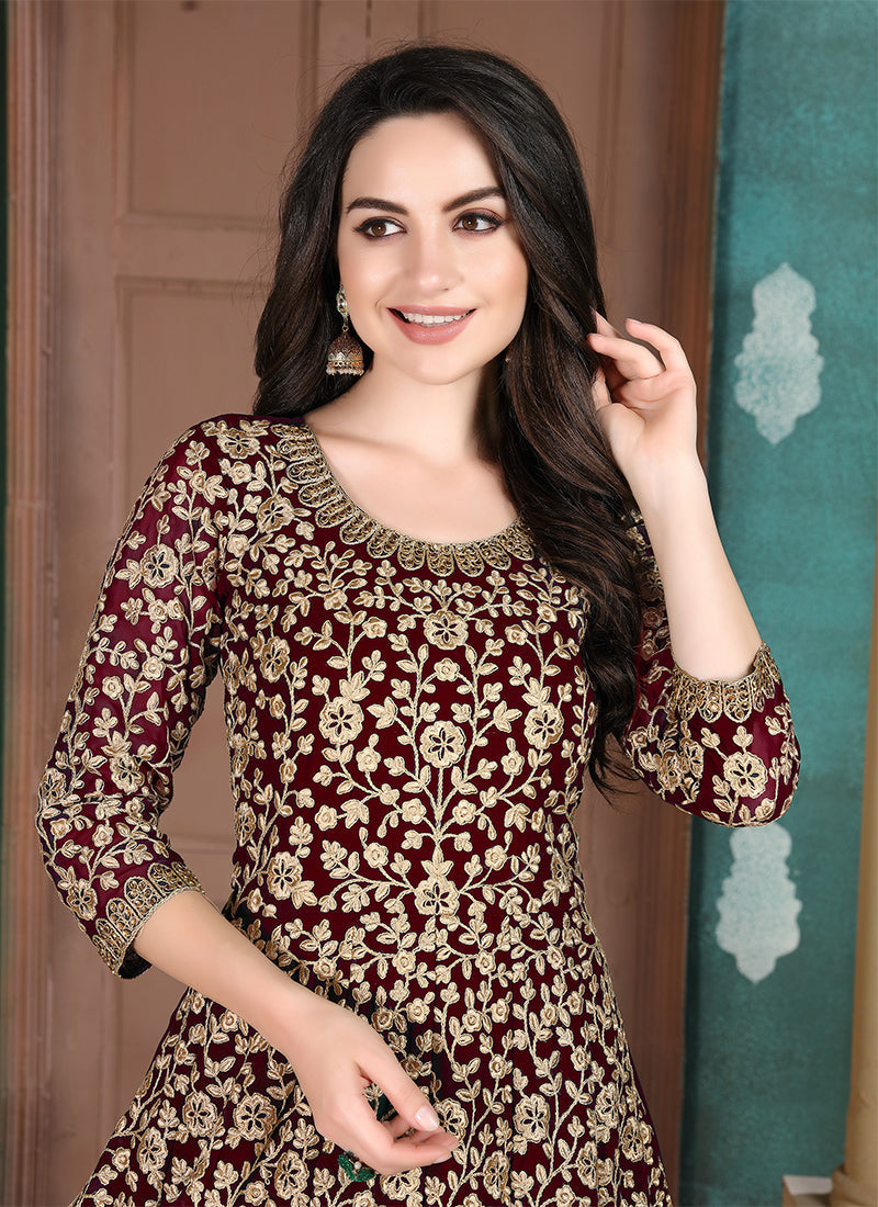 Maroon Georgette Embroidered Salwar Kameez for Weddings