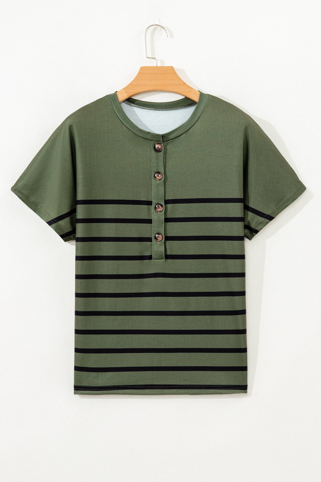 Women's olive green and black striped crew neck t-shirt with half button detail in a relaxed fit
