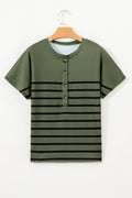 Women's olive green and black striped crew neck t-shirt with half button detail in a relaxed fit