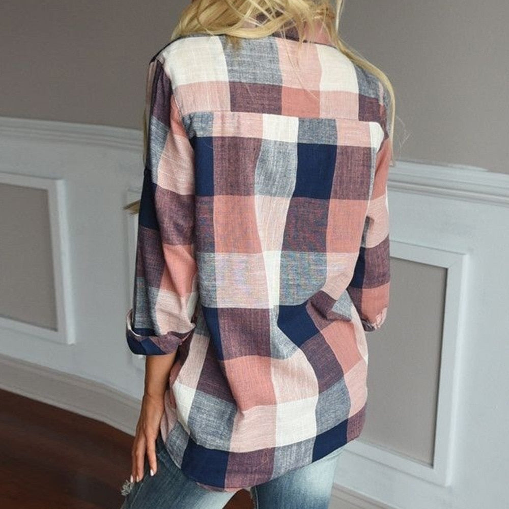 Women's Casual Long Sleeve Plaid Shirt Cotton Hemp Blend Top - Image 3