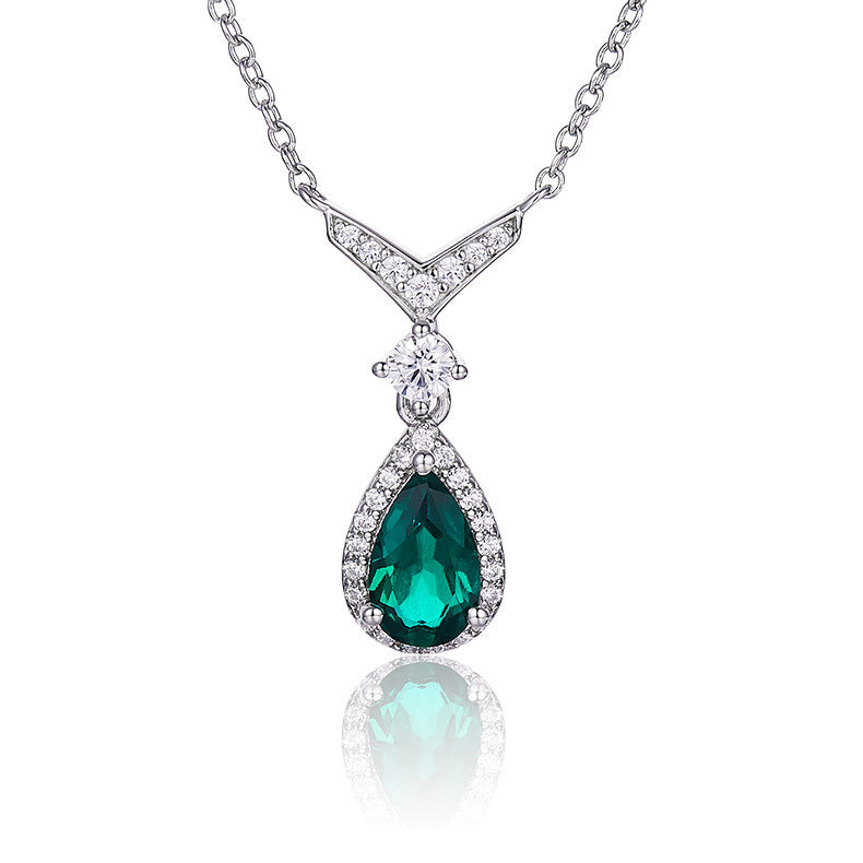 S925 Silver 2.5g 0.73ct Lab-Created Emerald Necklace, 5x5mm Teardrop Pendant, 40&5cm