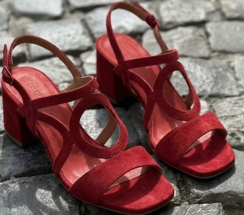 Suede Hollow-Out Pointed Toe Stiletto Sandals with Buckle Strap