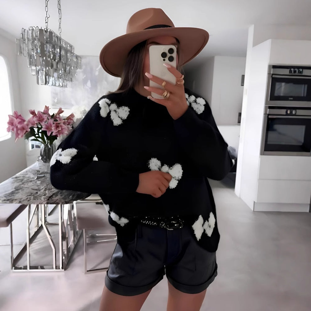 White Round Neck Long Sleeve Sweater with Pink Butterfly Accents - Image 3
