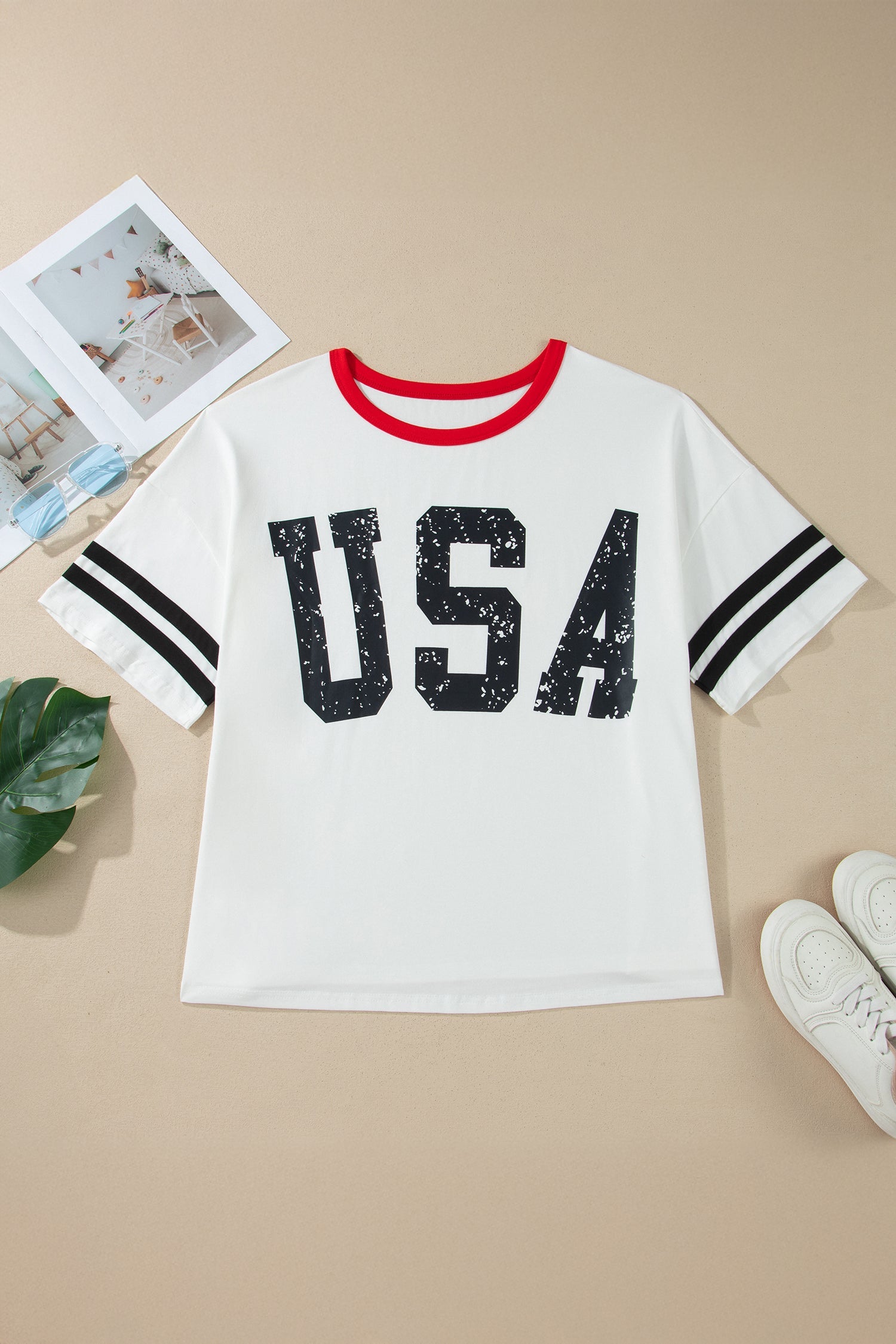 USA Varsity Stripe Trim Short Sleeve Cotton Tee - White Red Black