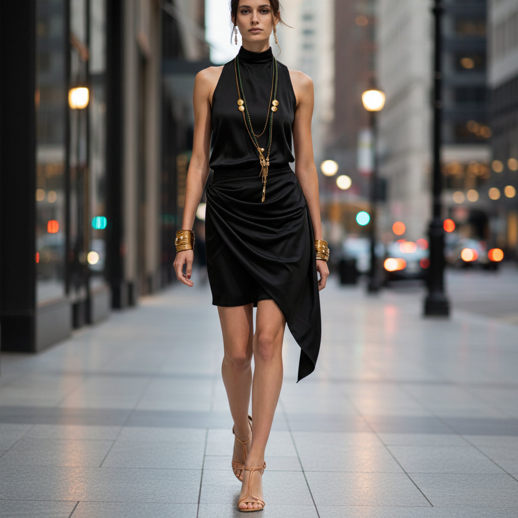 A woman wearing a double-layer asymmetrical hem mini skirt in black or burnt orange, paired with a matching high-neck sleeveless top.